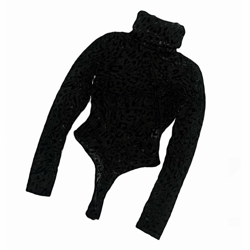 NAKED WARDROBE Black Mesh Leopard Turtleneck Bodysuit